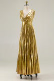 Metallic Gold A-Line Pleated V-Neck Prom Dress