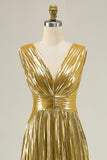 Metallic Gold A-Line Pleated V-Neck Prom Dress