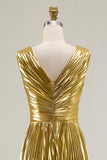 Metallic Gold A-Line Pleated V-Neck Prom Dress