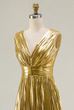 Metallic Gold A-Line Pleated V-Neck Prom Dress
