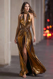 Black Gold A-Line Halter Long Formal Dress With Slit