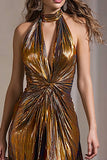 Black Gold A-Line Halter Long Formal Dress With Slit