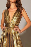 Pleated V-Neck A-Line Long Gold Formal Dress