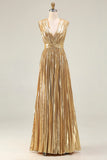 Sparkly Gold A-Line Metallic Pleated Prom Dress