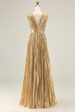 Sparkly Gold A-Line Metallic Pleated Prom Dress