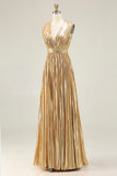 Sparkly Gold A-Line Metallic Pleated Prom Dress