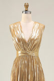 Sparkly Gold A-Line Metallic Pleated Prom Dress