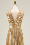 Sparkly Gold A-Line Metallic Pleated Prom Dress
