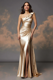 One Shoulder Gold Sheath Maxi Formal Dress with Slit