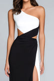 Black and White Sheath Cut Out One Shoulder Formal Dress With Slit