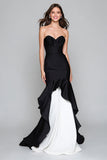 Elegant Mermaid Strapless Black and White Maxi Formal Dress