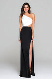 One Shoulder Cut-Out Black and White Sheath Formal Dress With Slit