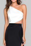 One Shoulder Cut-Out Black and White Sheath Formal Dress With Slit