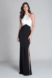 Halter Black and White Sheath Maxi Formal Dress With Slit