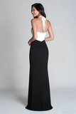 Halter Black and White Sheath Maxi Formal Dress With Slit