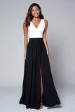 Black and White V-Neck A-Line Formal Dress With Slit