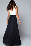 Black and White V-Neck A-Line Formal Dress With Slit