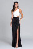 Black and White One Shoulder Cut-Out Formal Dress With Slit