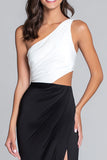 Black and White One Shoulder Cut-Out Formal Dress With Slit
