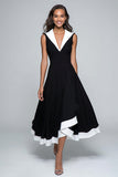 Black and White V-Neck A-Line Midi Formal Dress