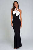 Mermaid Halter Maxi Black Tie Dress With Bow