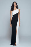 Elegant Sheath Black and White One Shoulder Formal Dress With Slit