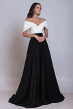 Off the Shoulder Black and White A-Line Long Formal Dress