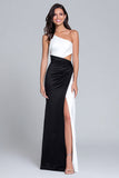 One shoulder Black and White Sheath Formal Dress With Slit