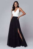 Black and White A Line V-Neck Formal Dress With Slit
