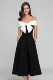 Off the Shoulder A-Line Black and White Midi Dress With Bow