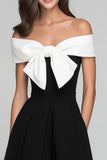 Off the Shoulder A-Line Black and White Midi Dress With Bow