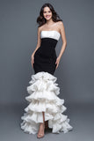 Mermaid Black and White Strapless Formal Dress With Ruffles