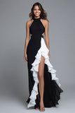 Black and White Halter A-Line Formal Dress With Slit