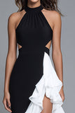 Black and White Halter A-Line Formal Dress With Slit
