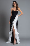 Strapless Ruffled Black and White Sheath Formal Dress With Slit