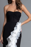 Strapless Ruffled Black and White Sheath Formal Dress With Slit