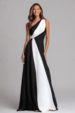 One Shoulder Black and White A-Line Long Formal Dress