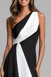 One Shoulder Black and White A-Line Long Formal Dress