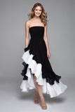 Black and White Strapless Semi-Formal Dress With Ruffles
