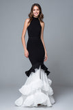 Mermaid Halter Black and White Formal Dress With Ruffles