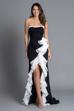 Ruffled Black and White Strapless Formal Dress With Slit