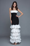 Black and White Sheath Tiered Strapless Formal Dress With Ruffles