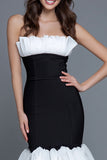 Black and White Sheath Tiered Strapless Formal Dress With Ruffles