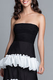 Black Strapless Ruffled A-Line Tiered Formal Dress with Slit