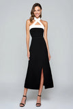 Black Halter A-Line Midi Formal Dress With Slit