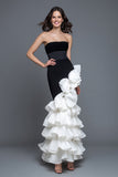 Mermaid Strapless Black and White Formal Dress With Ruffles