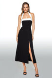 Halter A-Line Black Semi-Formal Dress With Slit
