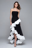 Strapless A Line High-Low Black and White Formal Dress With Ruffles