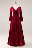 Burgundy A-Line Velvet Holiday Party Dress With Long Sleeves