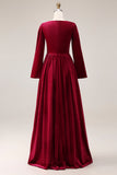Burgundy A-Line Velvet Holiday Party Dress With Long Sleeves